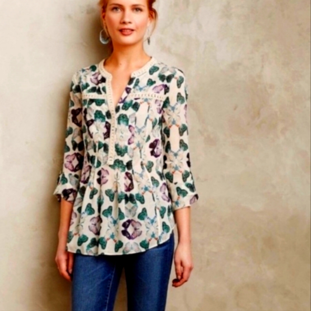 Maeve Brand 3/4 Sleeve, Light-Weight, Butterfly Pattern Blouse